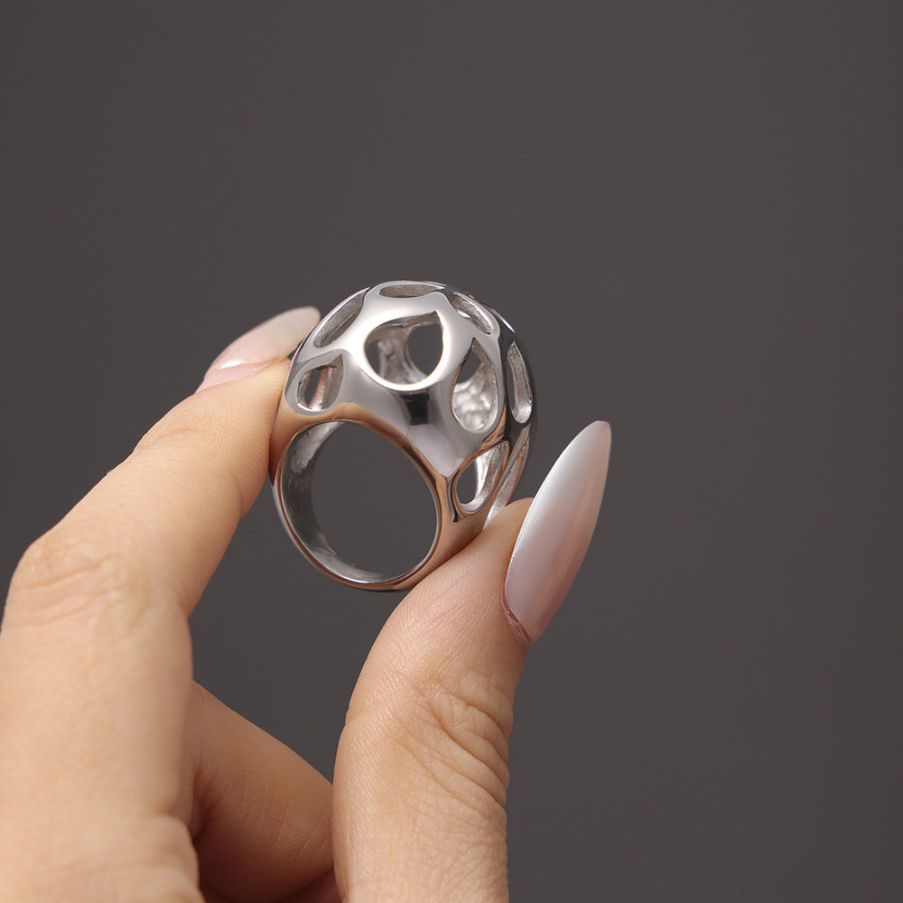 Large glossy hollow exaggerated heavy industry ring women's stainless steel plated 18K real gold color retention spot