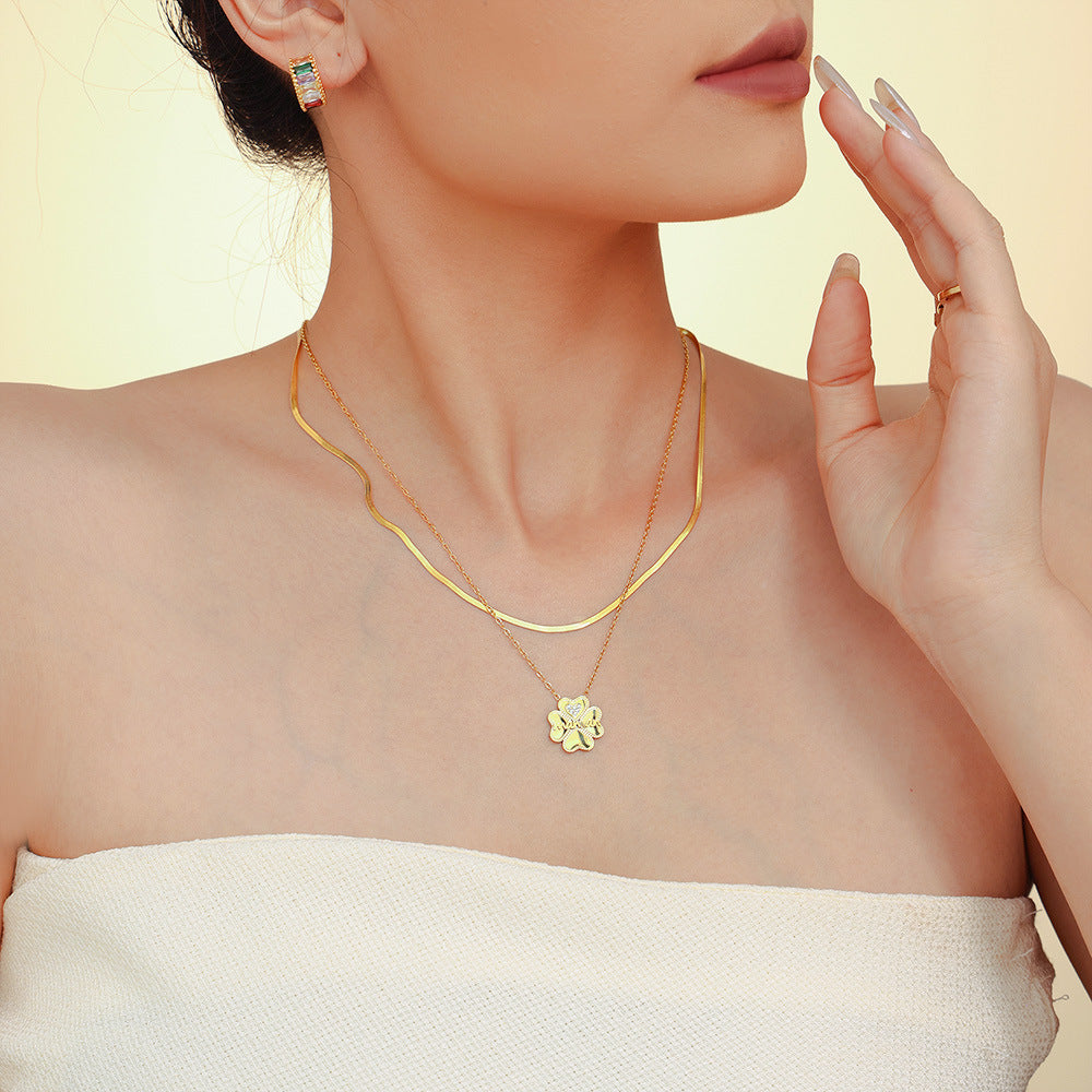 Love letter maman micro-inlaid zircon four-leaf flower double-layer collarbone necklace titanium steel temperament jewelry spot