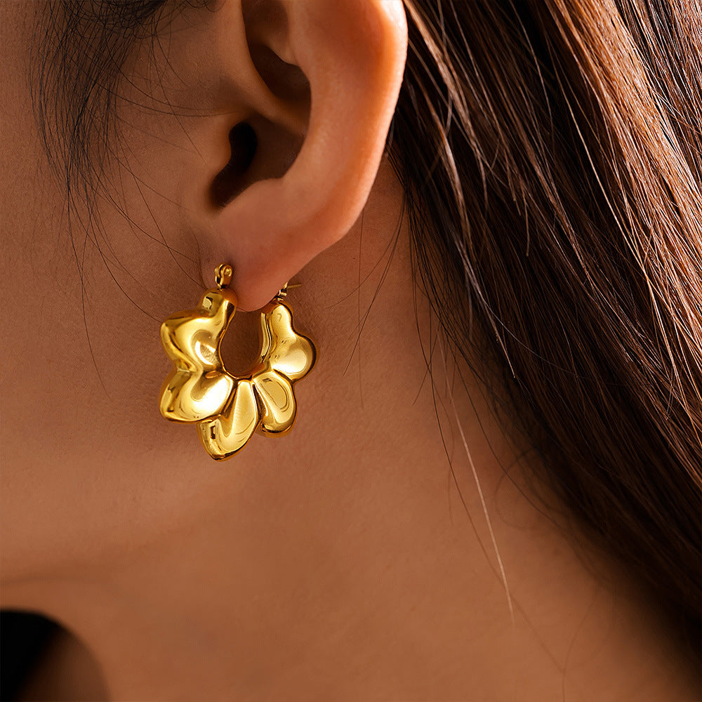 Folded Wave Chrysanthemum Hollow Earrings, Titanium Steel 18K Gold Plated Temperament Irregular Earrings Women