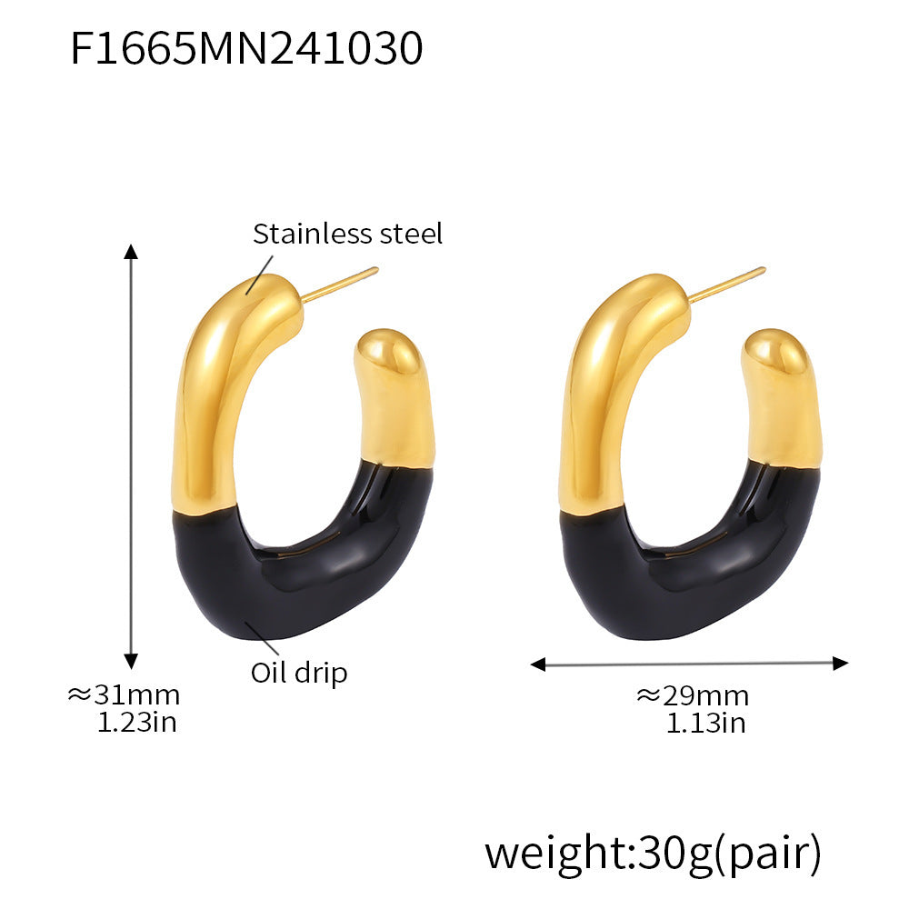 Geometric C-shaped half-drop oil stud earrings niche temperament versatile stainless steel plated 18k gold earrings women