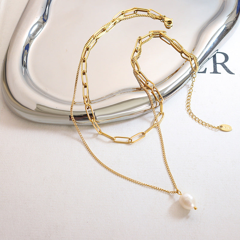 Trend cold wind freshwater pearl pendant multi-layer stacked necklace women's titanium steel collarbone neck chain P79199