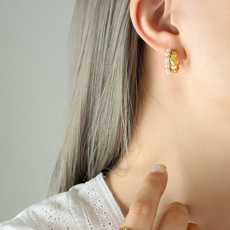 Court style gentle gentle and pleasant imitation pearl earrings, geometric C-shaped love lines personalized stud earrings