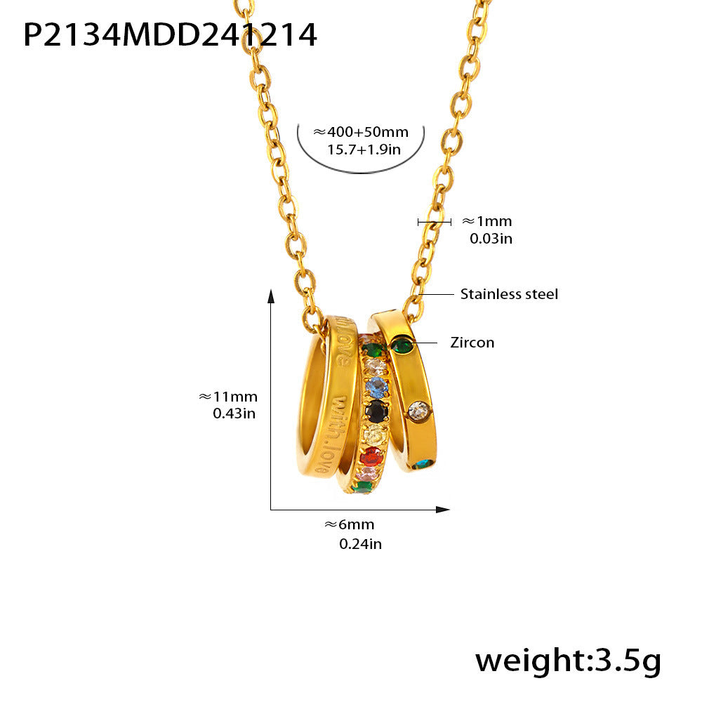 With love three rings mixed color diamond set stainless steel zircon clavicle stacked necklace luxury jewelry spot