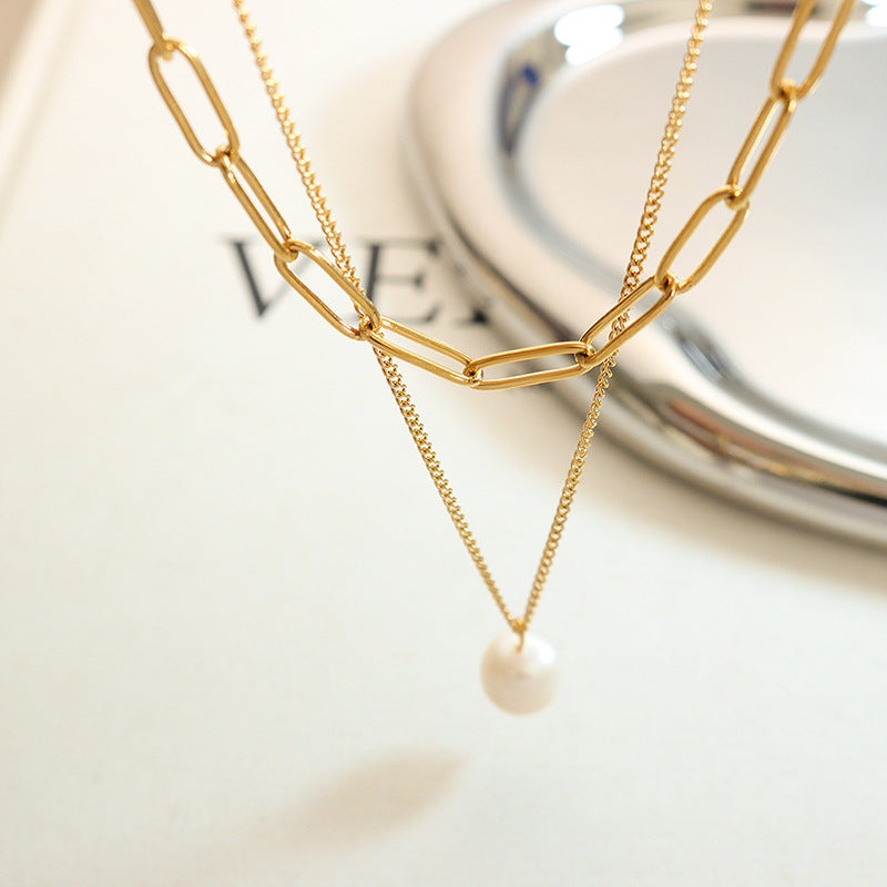 Trend cold wind freshwater pearl pendant multi-layer stacked necklace women's titanium steel collarbone neck chain P79199