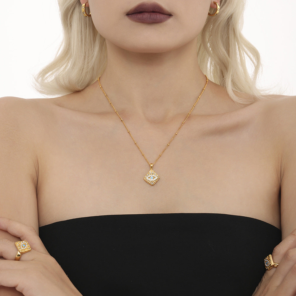 Magic Eye Diamond Square Pendant Clavicle Necklace Fashion Ring Set Titanium Steel PVD Plated 18K Gold