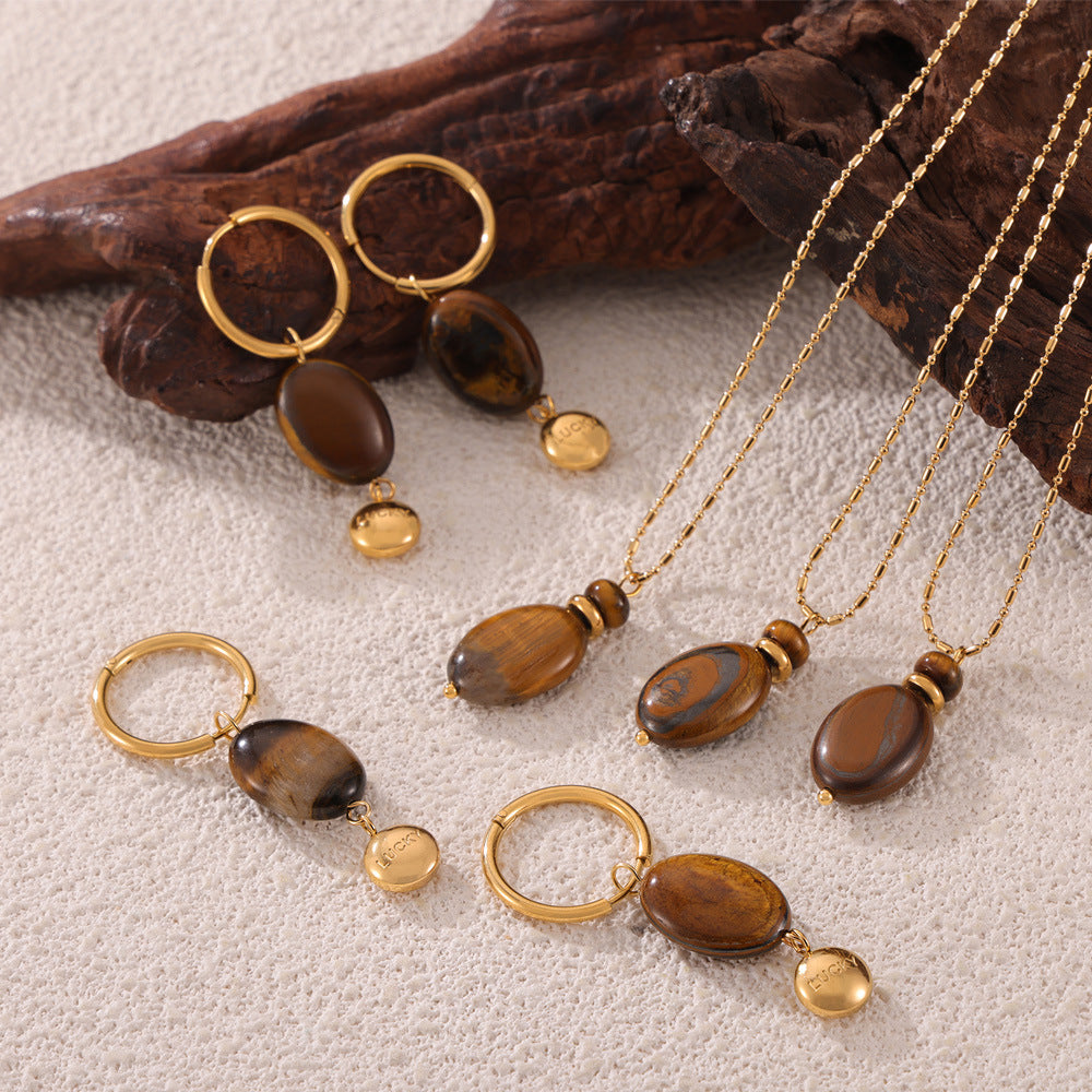 Temperament Versatile Elegant Lucky Niche Jewelry Tiger's Eye Stone Pendant Design Sense Titanium Steel Jewelry Set