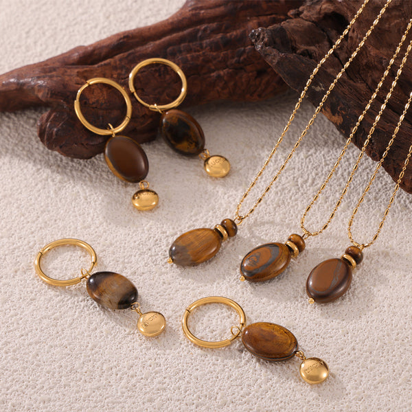 Temperament Versatile Elegant Lucky Niche Jewelry Tiger's Eye Stone Pendant Design Sense Titanium Steel Jewelry Set