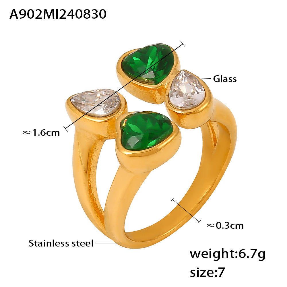 Fashion double-layer love water drop glass stone ring niche design stainless steel open jewelry women