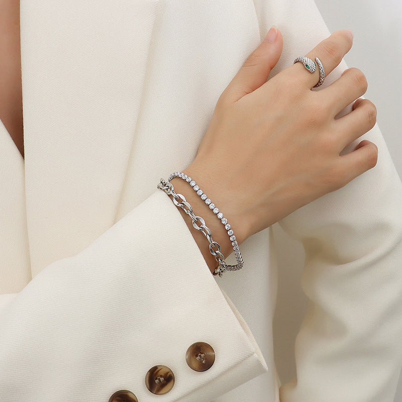 Personalized niche chain Gypsy zircon double-layer titanium steel plated 18K gold bracelet women's fashion pp