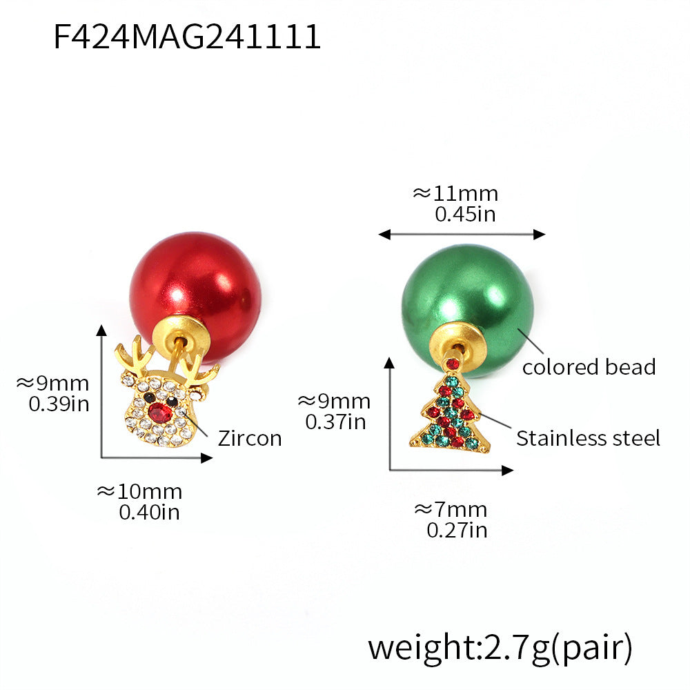Color zircon Christmas tree elk stainless steel stud earrings DIY colored beads ear plug niche new earrings