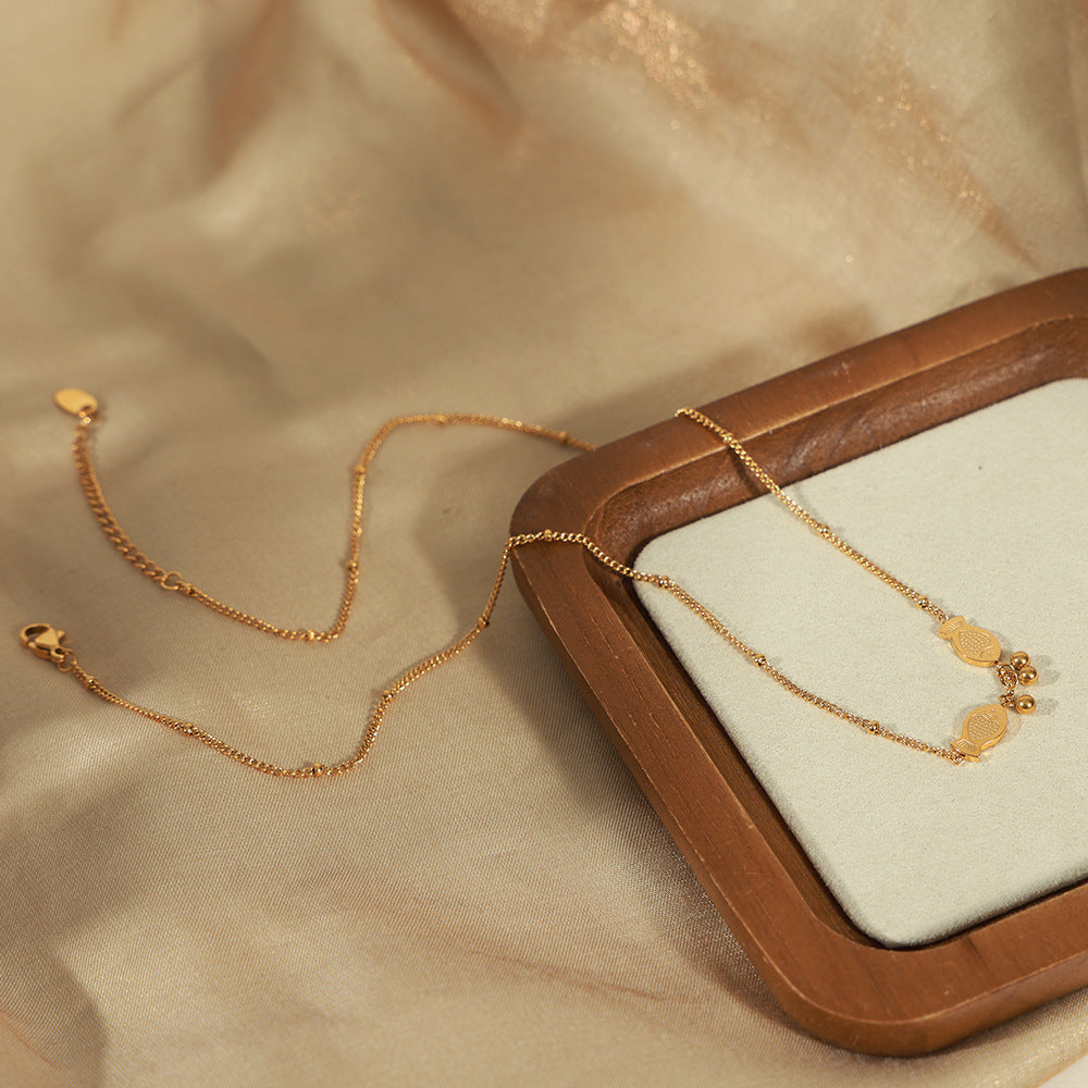 Guochao New Chinese Style Personalized Pisces Play Bead Design Sense Necklace Fashion Versatile Koi Clip Bead Chain Titanium Steel Clavicle Chain