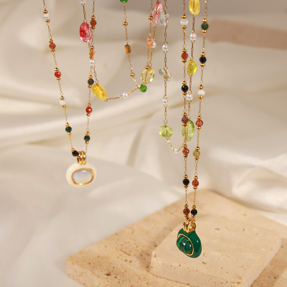 Fashion Personality Niche Titanium Steel Gold-plated Natural Stone Pendant Handmade Beaded Necklace Simple Jewelry Female 99