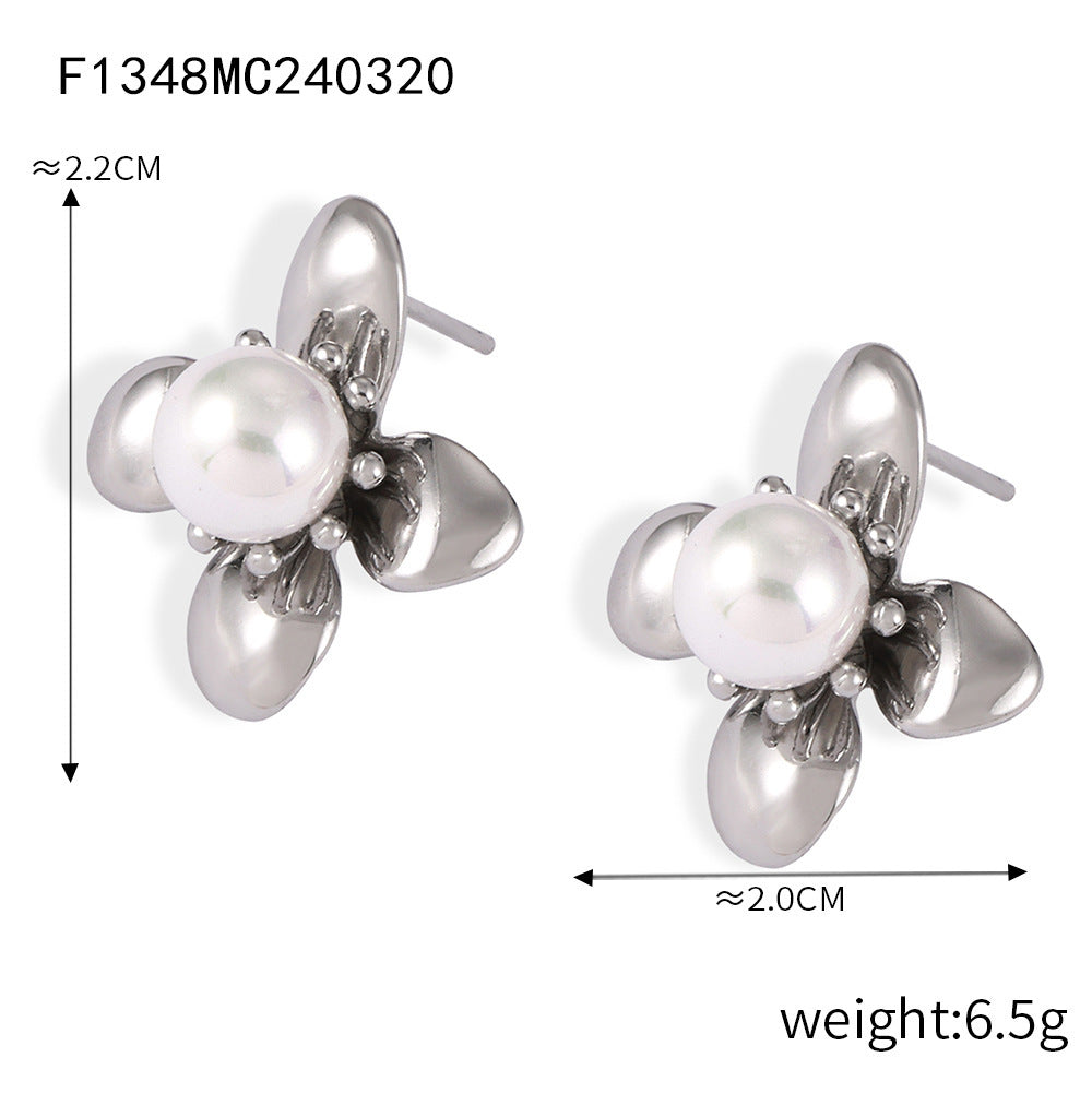 Textured petals flower inlaid bead stud earrings stainless steel electroplated 18K real gold earrings earrings combination