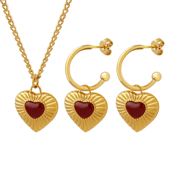 Celebrity temperament personality does not fade peach heart love inlaid agate pendant necklace earrings jewelry set