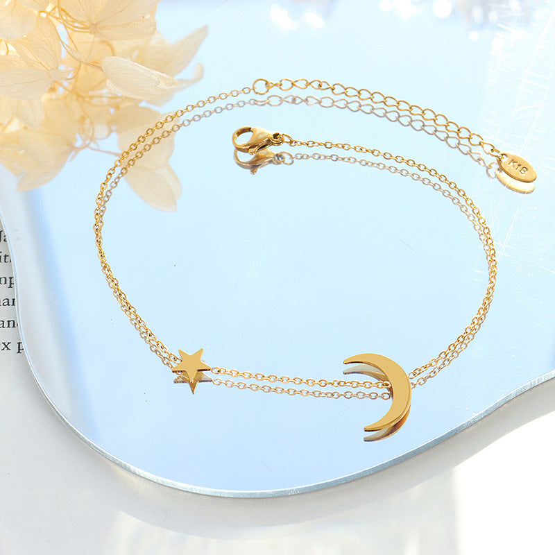 Simple niche design sense, small fragrance, romantic star and moon anklet, titanium steel gold-plated foot jewelry, girlfriend small gift