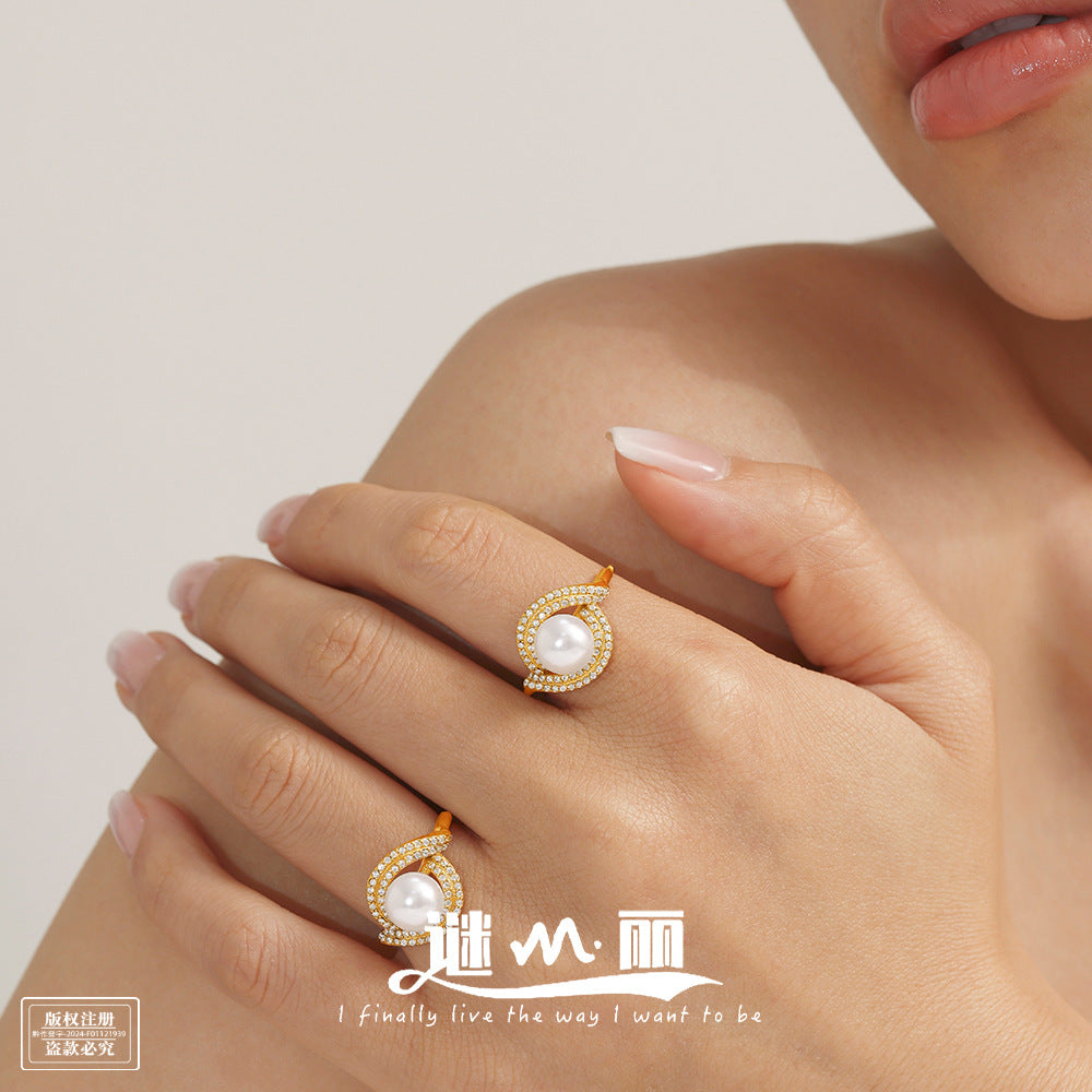 Stainless steel double-layer zircon luster bead ring opening adjustable non-fading luxury jewelry