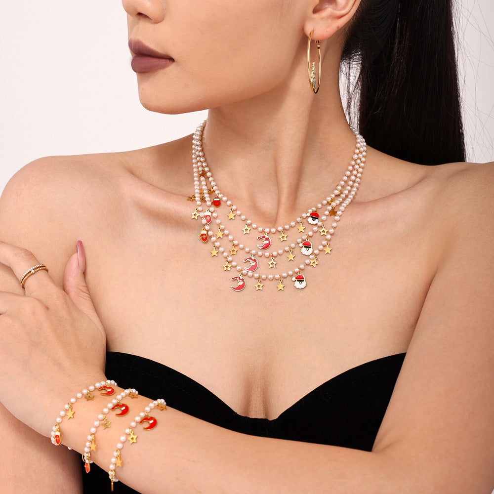 Christmas cute cartoon weight colored glaze pendant necklace bracelet set fashionable creative design combination pp
