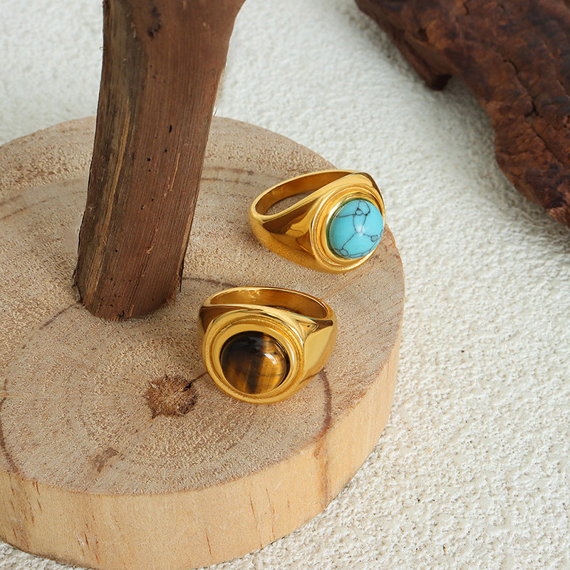 New Empress Dowager Tiger's Eye Blue Turquoise Retro Court Light Luxury Couple Titanium Steel Ring Ring