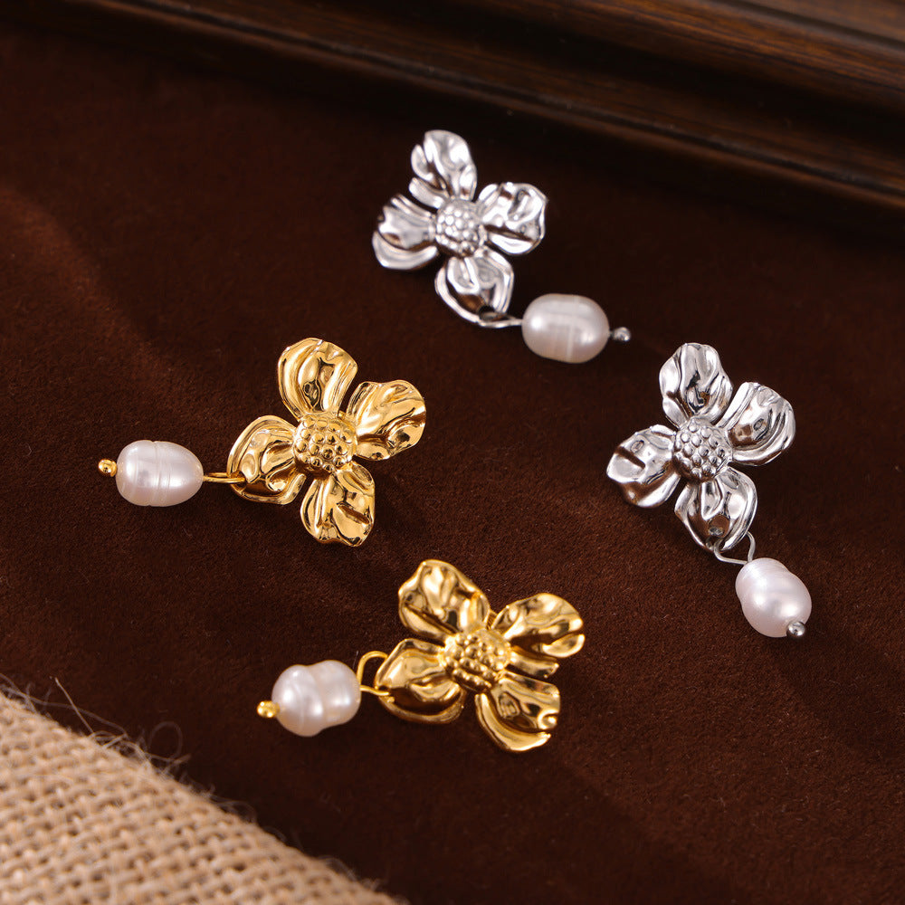 Temperament elegant freshwater pearl pendant earrings women's niche texture flower design temperament stud earrings