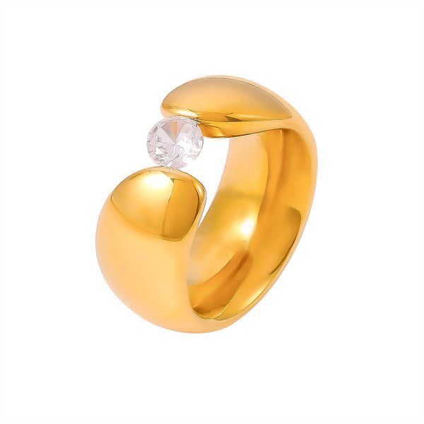 New wide-edge clip zircon smooth ring retro niche design titanium steel plated 18k gold jewelry pp