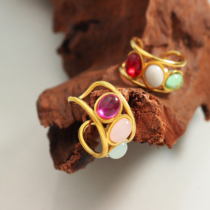 Light luxury retro court style mixed color titanium steel plated 18K gold open ring geometric design jewelry femininity pp
