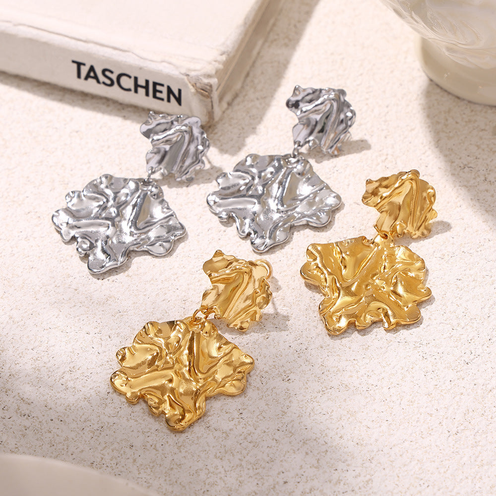 Personalized trend earrings, hammer pleated leaves exaggerated earrings, stainless steel PVD electroplating color-preserving jewelry