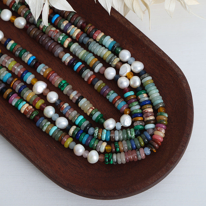 New ethnic style retro baroque freshwater pearl colored natural stone handmade beaded necklace jewelry female pp