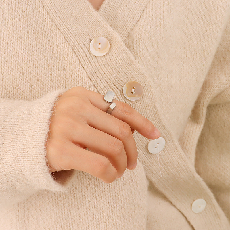 New retro fashion white sea shell open ring women's titanium steel plated 18K real gold ring hand jewelry pp