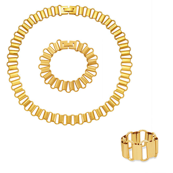 Cold wind light luxury hollow geometric ring necklace bracelet combination titanium steel plated 18K real gold set