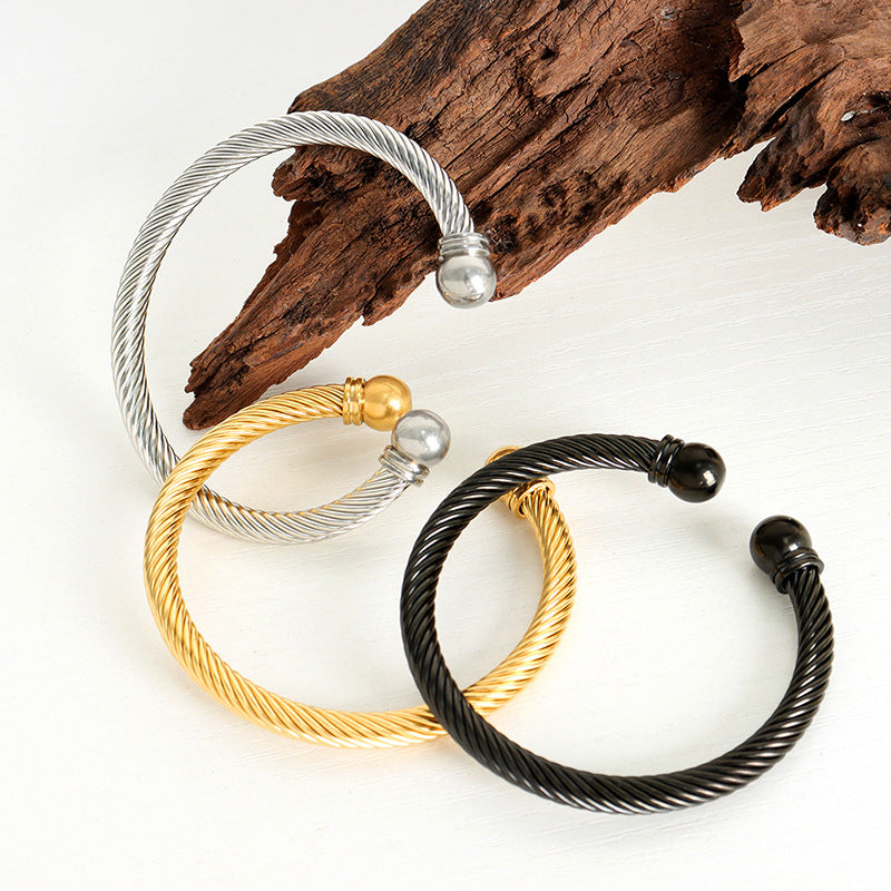 Personalized fashion men's and women's jewelry niche design steel wire ring open bracelet titanium steel plated 18K real gold does not fade pp
