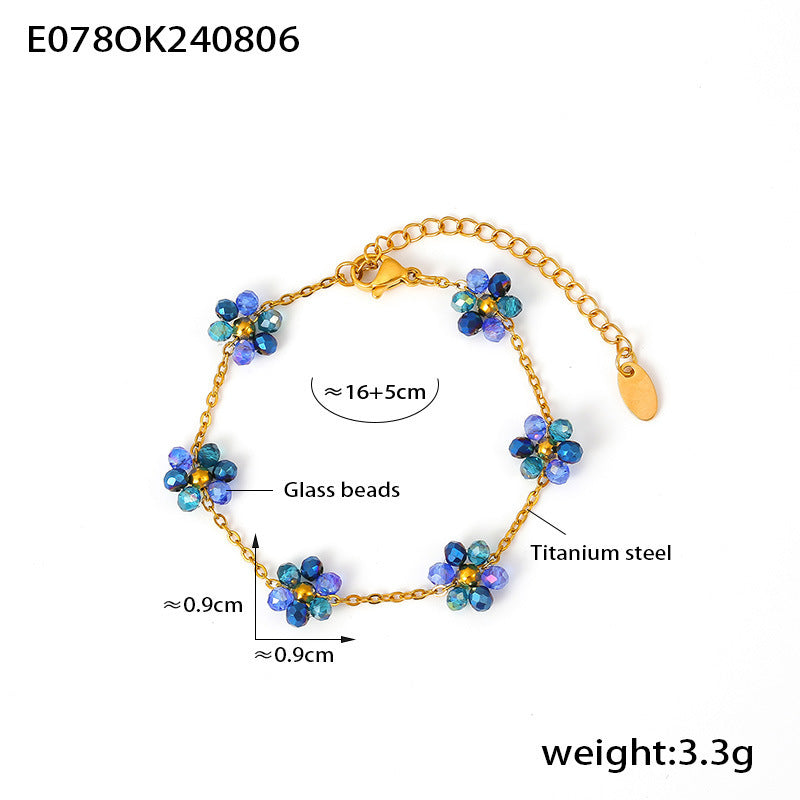 Beaded necklace bracelet anklet handmade girl flower glass bead titanium steel chain jewelry set 99