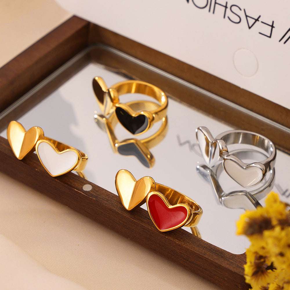 Marka heart-to-heart print color glaze index finger ring niche stainless steel plated 18K real gold ring spot