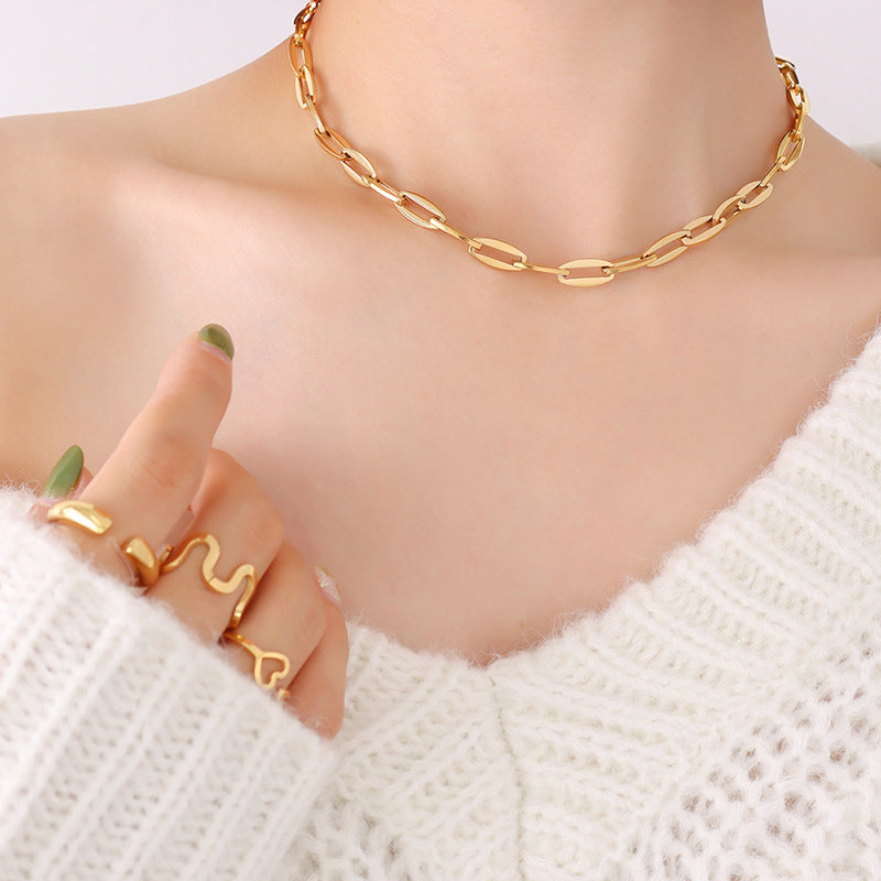 Hip-hop design geometric elements stacked simple bare chain titanium steel plated 18K gold bracelet accessories set pp