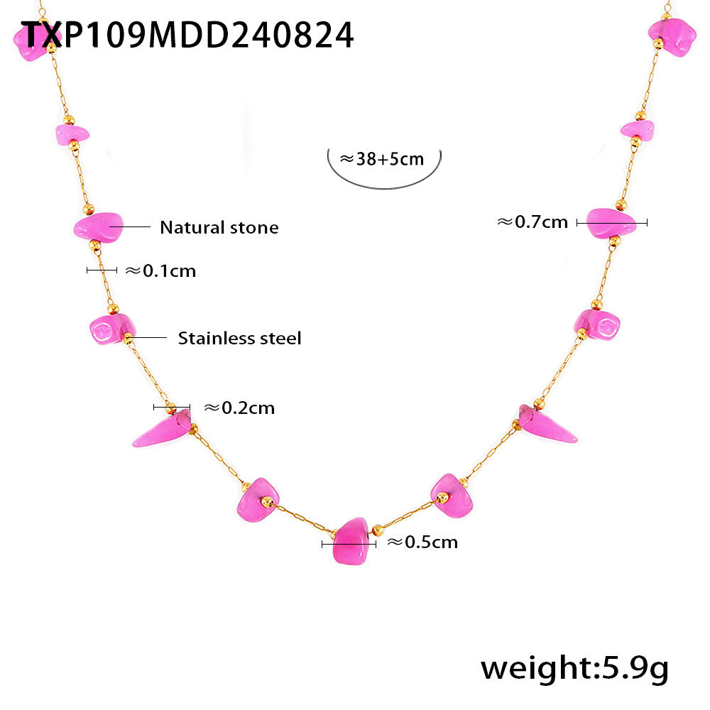 Light luxury bohemian pink natural stone handmade collarbone necklace bracelet stainless steel women's set