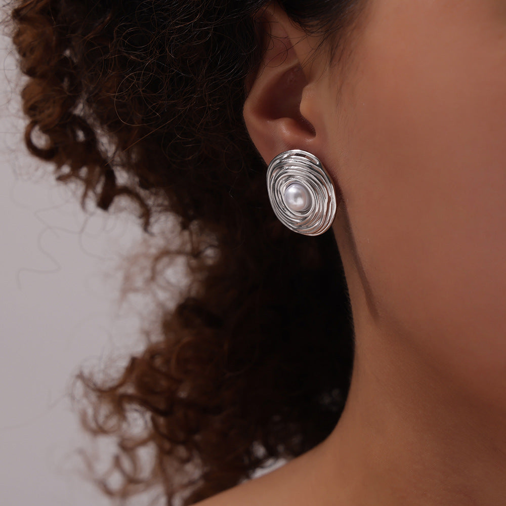 Retro style niche geometric texture design sense earrings inlaid beads flower round brand shape titanium steel gold-plated earrings