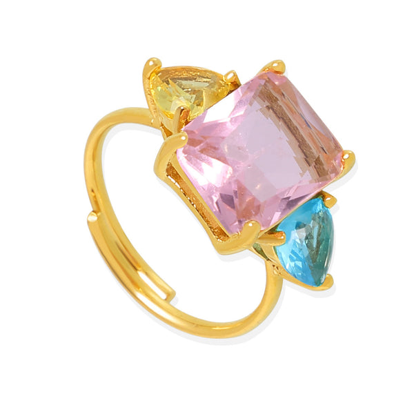 Dopamine Geometric Pink Sea Blue Zircon Ring Ultra Fine Opening Adjustment Titanium Steel PVD Plated 18K Gold Sweet Ring