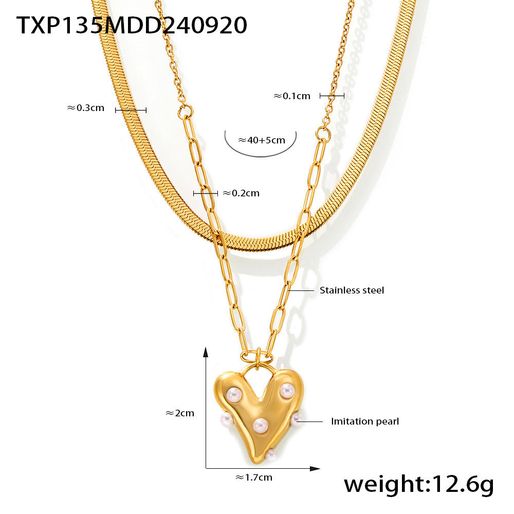 Love Imitation Pearl Jewelry Set Stainless Steel PVD Plated Necklace Earrings Ring Bracelet 99