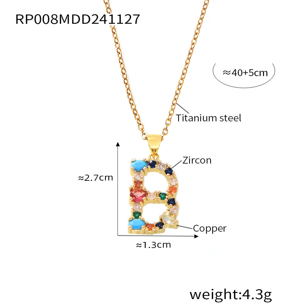 European and American cross-border copper micro-inlaid colored zircon 26 English letters personalized individual pendant niche hip-hop collarbone chain pp