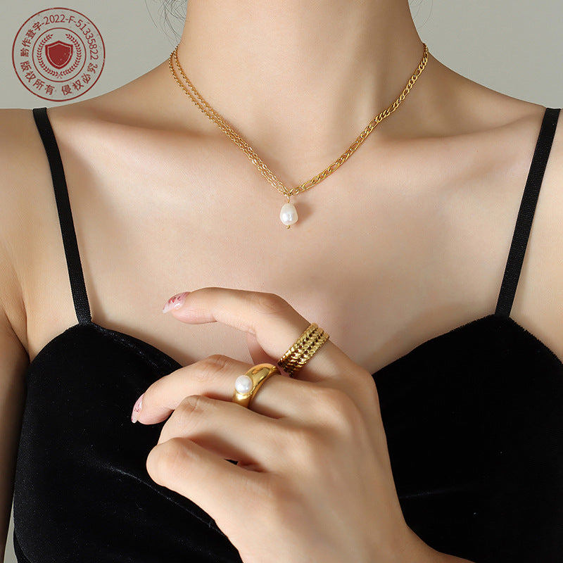 Accessories Spice Girl Double Chain Freshwater Pearl Necklace Women's Collarbone Neck Chain Titanium Steel Plated 18K Gold P832