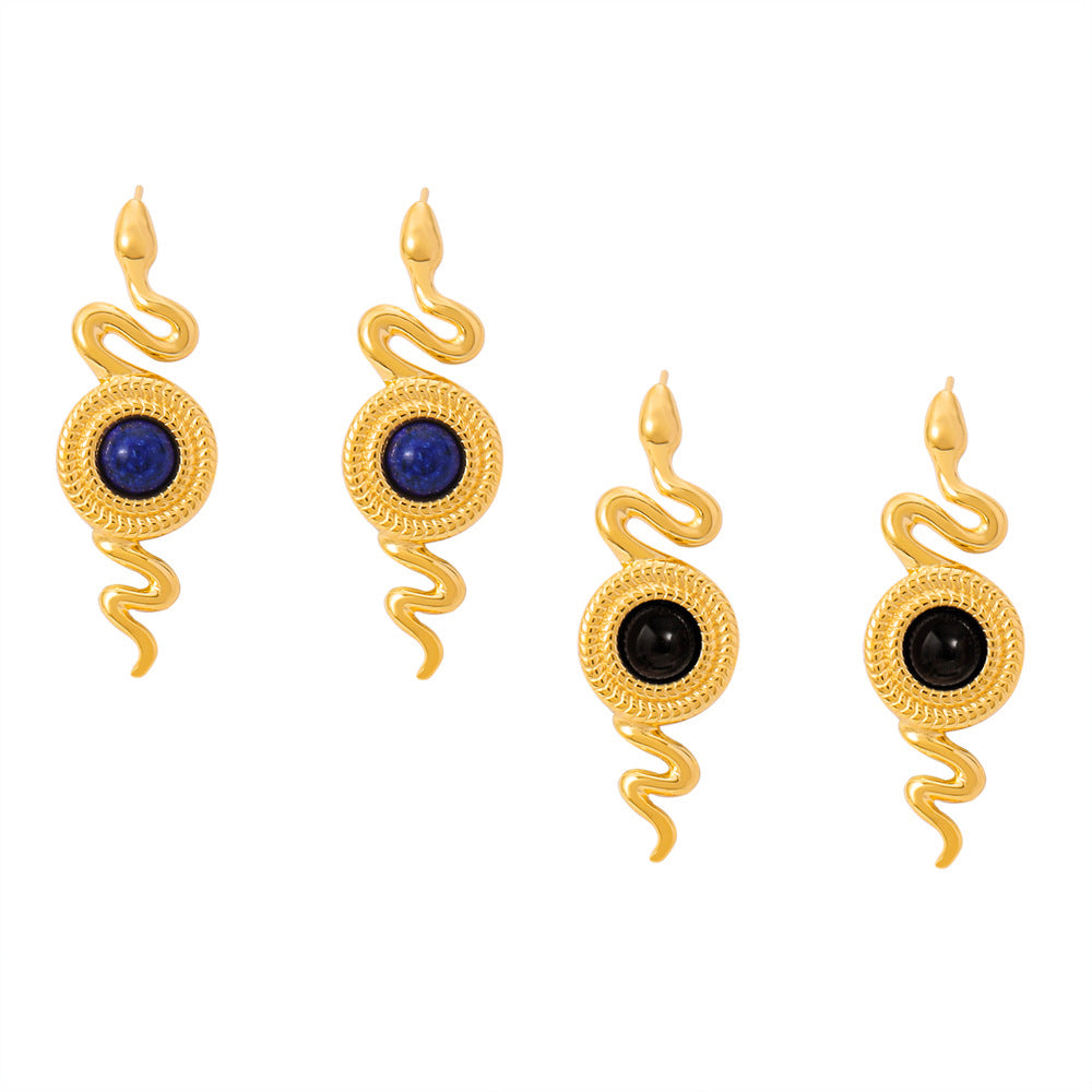 British style personality niche snake shape earrings texture round brand inlaid with natural stone agate design titanium steel stud earrings