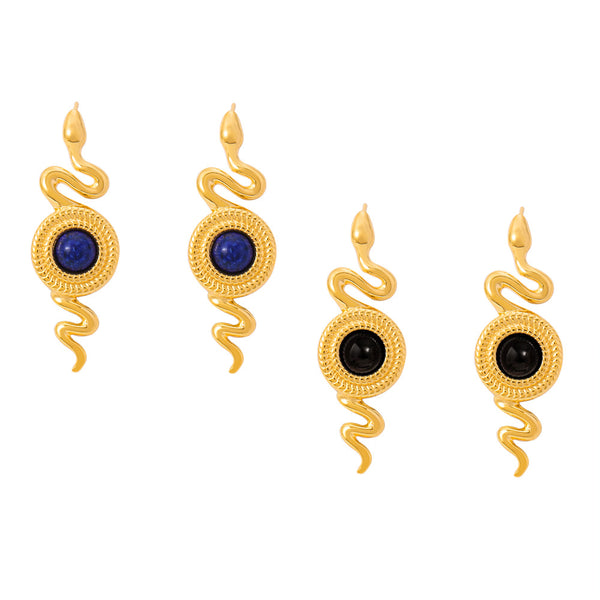 British style personality niche snake shape earrings texture round brand inlaid with natural stone agate design titanium steel stud earrings
