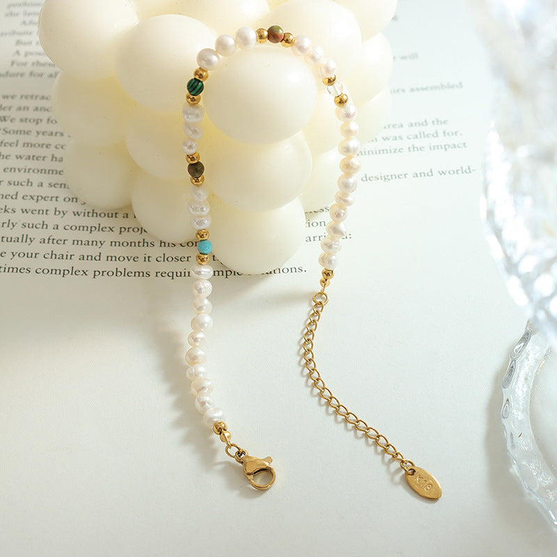 Light luxury retro style fashion natural freshwater pearl natural stone titanium steel gold-plated beaded bracelet bracelet jewelry