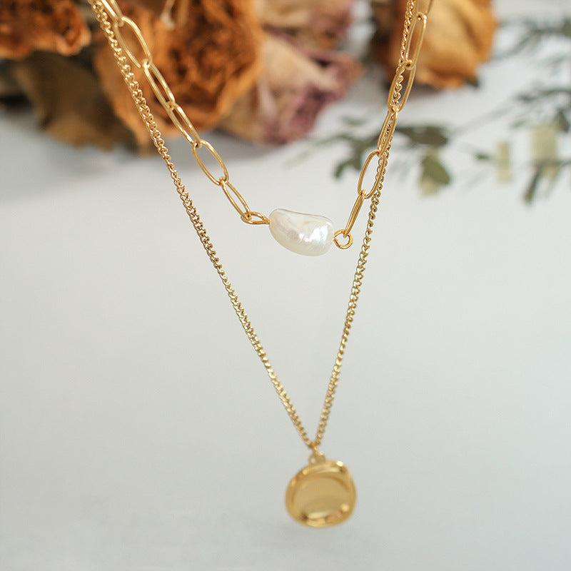 Concave-convex pendant Double-layer stacked wearing freshwater pearl necklace Women's niche design gold-plated collarbone neck chain P831pp