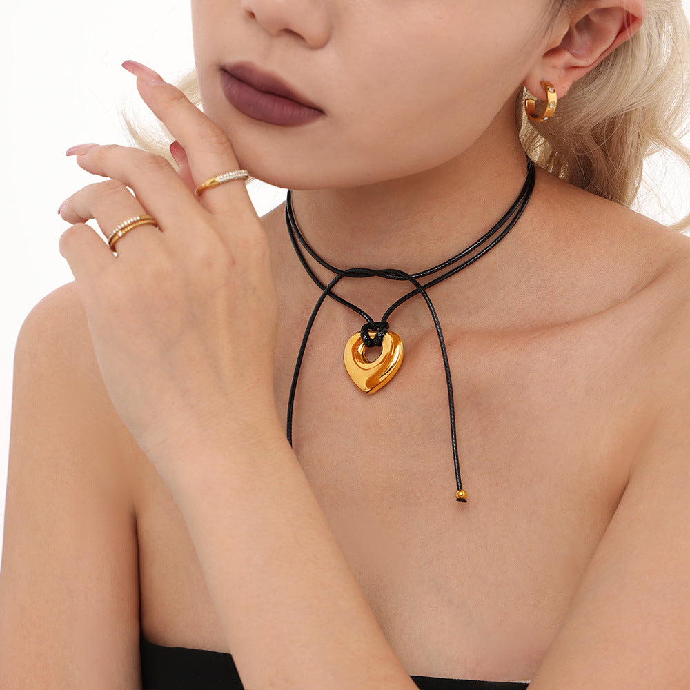 Stainless steel love leather rope long sweater chain pull adjustable solid pendant PVD real gold jewelry