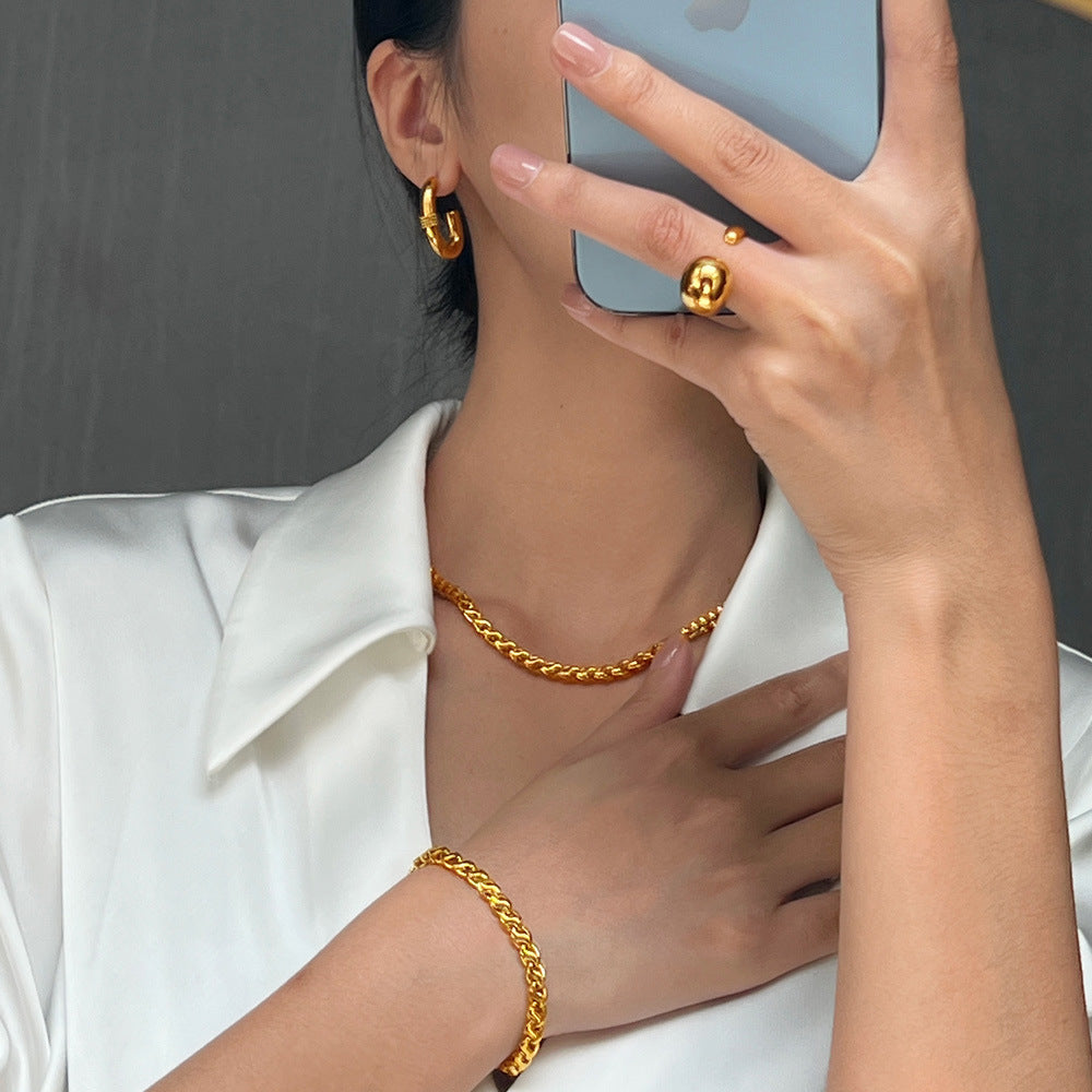 Fashion commuting simple personality hip hop style niche jewelry geometric chain design copper material jewelry set