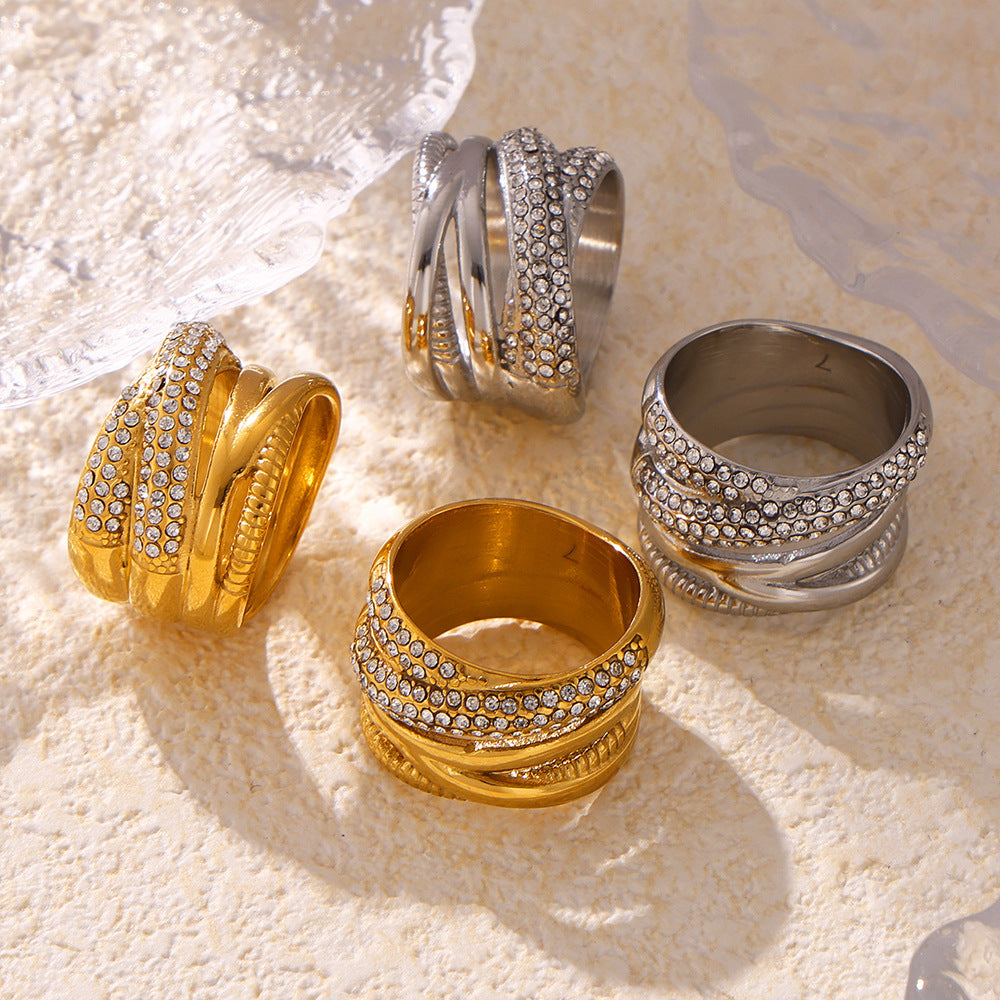 New cross-woven multi-row diamond ring titanium steel plated 18k real gold light luxury fashion ring 99