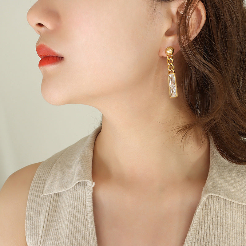 Niche design does not fade cold wind rectangular pendant inlaid zircon fashion personalized earrings ear jewelry