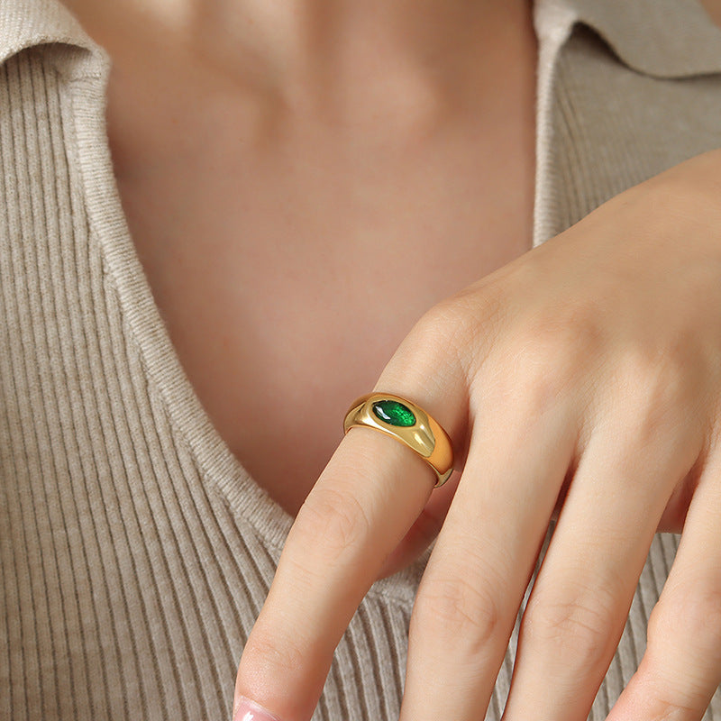 New light luxury retro new Chinese style personalized titanium steel non-fading inlaid emerald zircon ring jewelry female pp