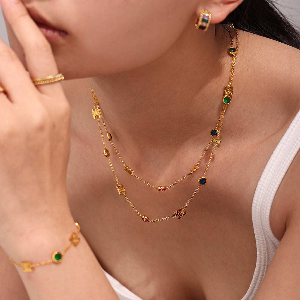 Double C Mixed Color Stainless Steel Zircon Necklace Bracelet Set PVD Electroplating Real Gold Color Retaining Light Luxury Jewelry