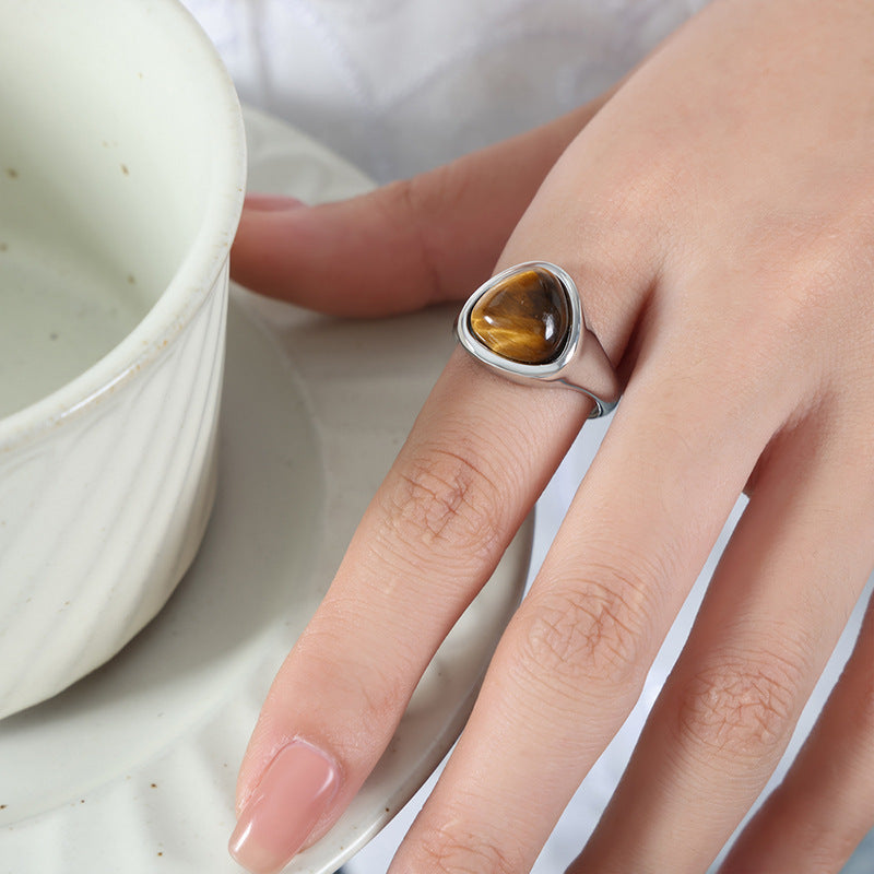 Hot-selling natural powder spar natural tiger's eye retro light luxury elegant couple ring titanium steel ring 99